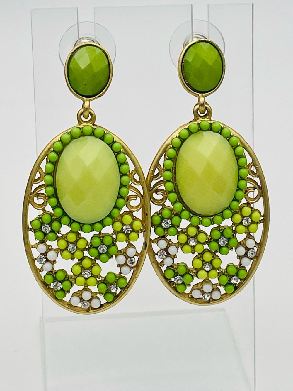 Vibrant Green Oval Filigree Drop Dangle Earrings with Floral Accent Cabochons